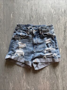 American Eagle Outfitters Distressed Rolled-Hem Denim Shorts - Blue